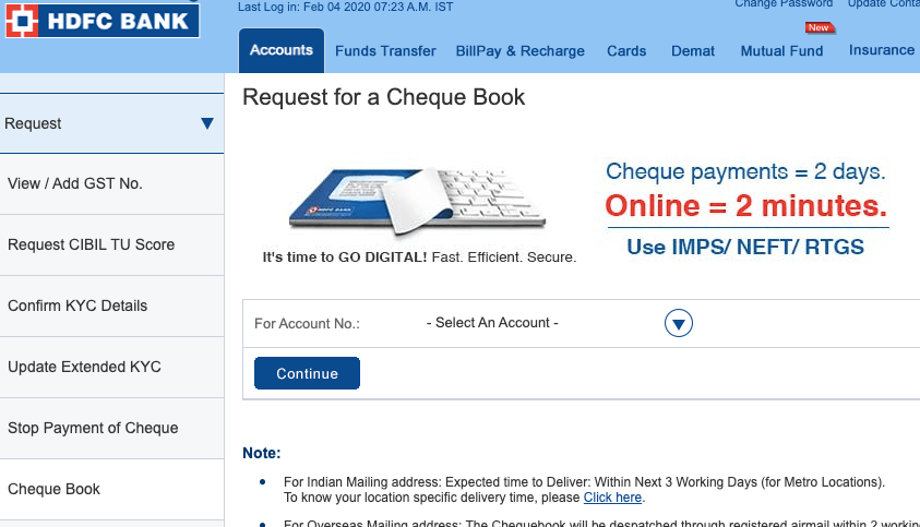 Netbanking for HDFC Cheque Book Request